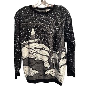 Vintage 80’s Snowy Church Landscape Scene Black/White Sweater by Margules